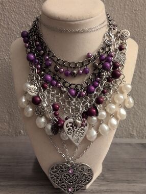Multistrand Purple Pearl & Silver Heart Statement Necklace Set